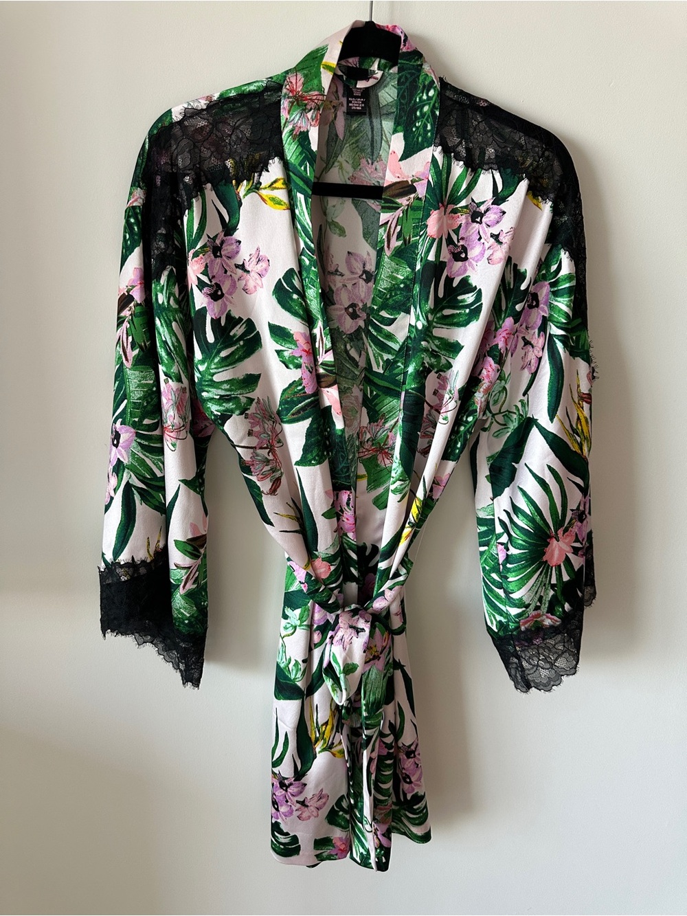 Victoria's Secret Tropical Floral Satin Robe with Black Lace